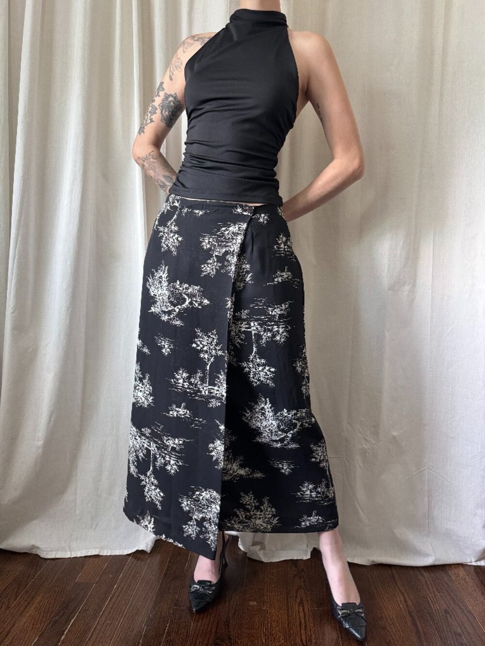 Vintage Black & White Toile Wrap Midi Skirt Women's Size Medium